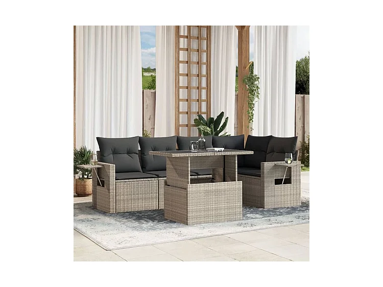 Salon de jardin 6 pcs avec coussins gris clair résine tressée