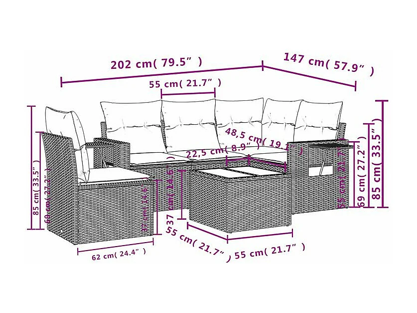 Salon de jardin avec coussins 6 pcs marron résine tressée