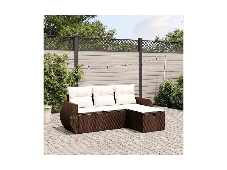 Salon de jardin 4 pcs avec coussins marron résine tressée