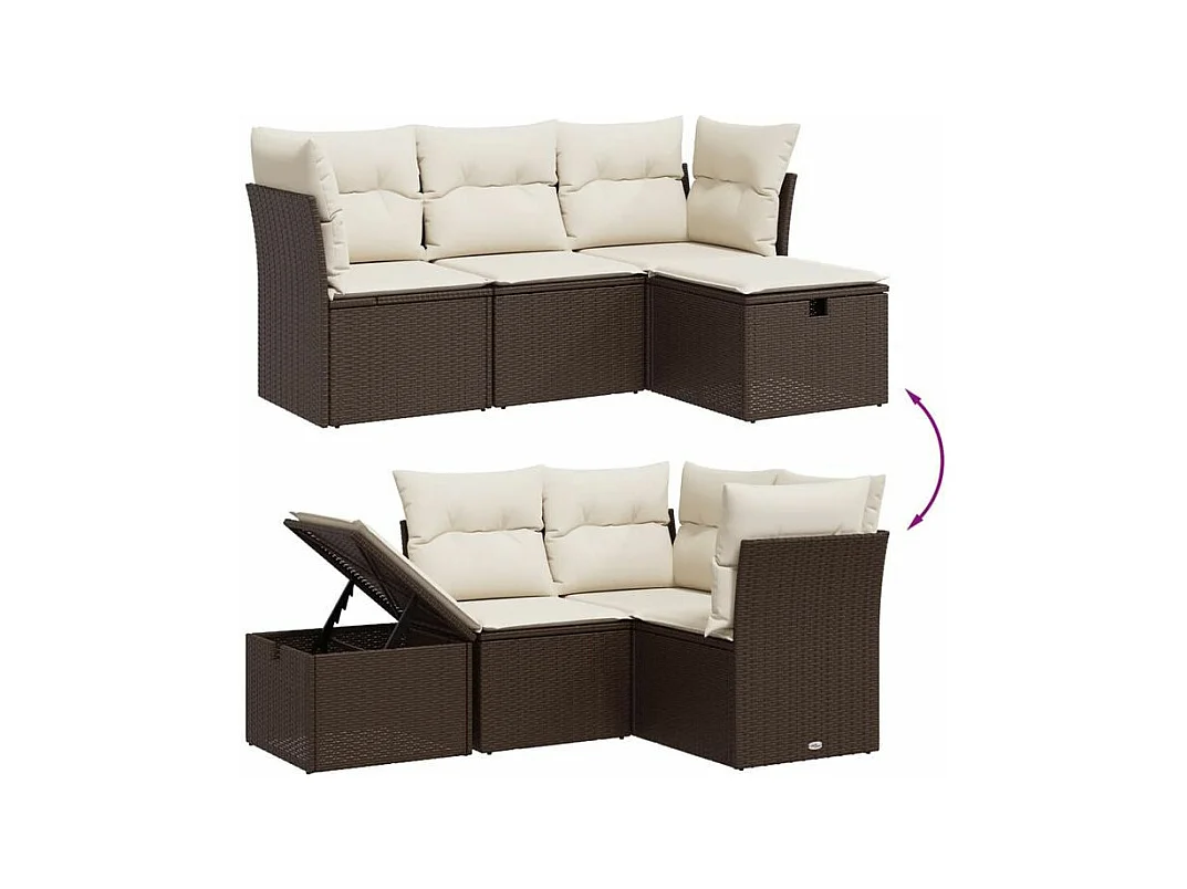 Salon de jardin 4 pcs avec coussins marron résine tressée