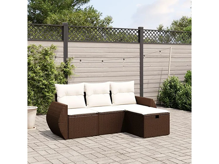 Salon de jardin 4 pcs avec coussins marron résine tressée