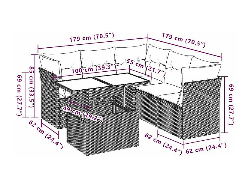 Salon de jardin avec coussins 6 pcs marron résine tressée