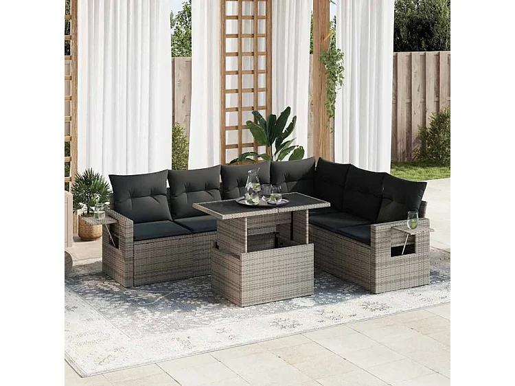 Salon de jardin avec coussins 7 pcs gris résine tressée