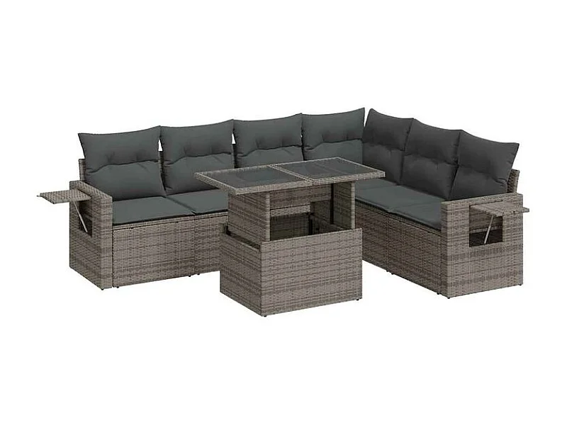 Salon de jardin avec coussins 7 pcs gris résine tressée