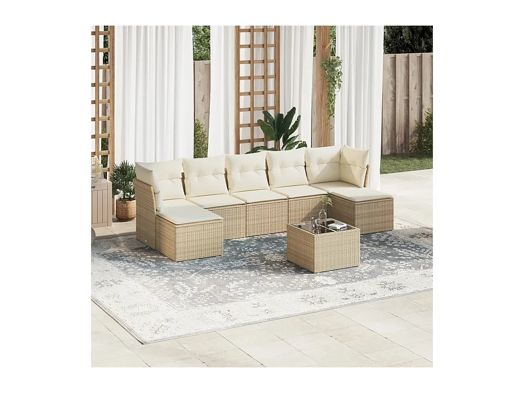 Salon de jardin avec coussins 8 pcs beige résine tressée