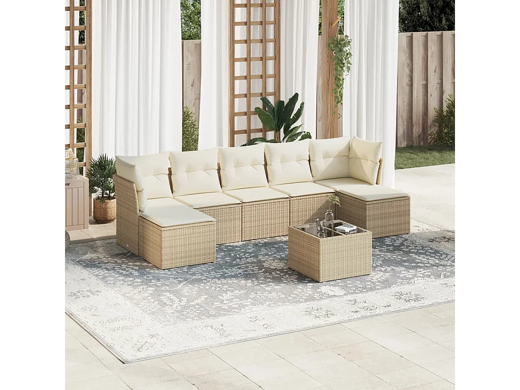 Salon de jardin avec coussins 8 pcs beige résine tressée