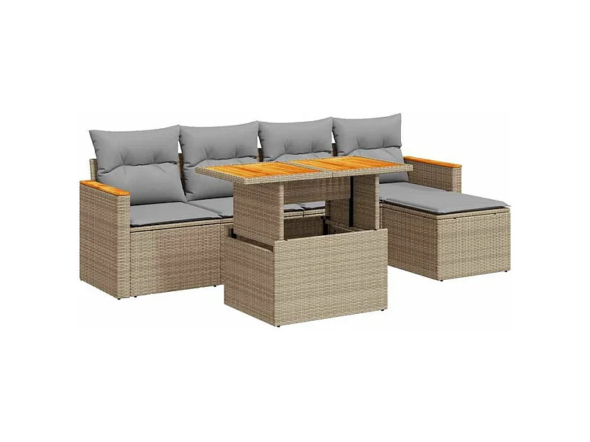 Salon de jardin 6 pcs avec coussins beige résine tressée acacia