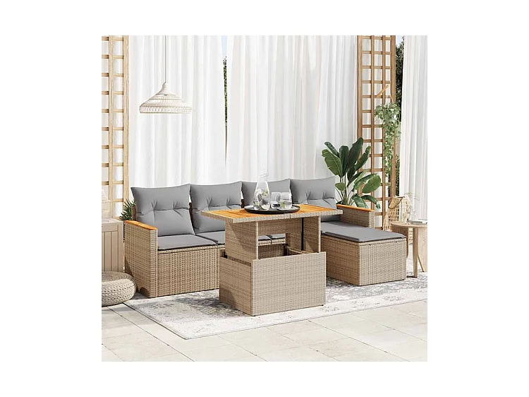 Salon de jardin 6 pcs avec coussins beige résine tressée acacia