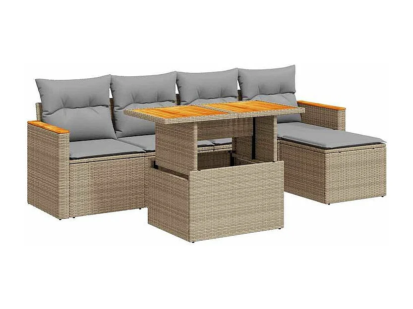 Salon de jardin 6 pcs avec coussins beige résine tressée acacia