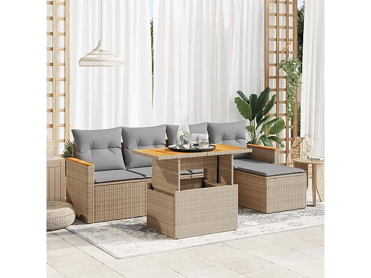 Salon de jardin 6 pcs avec coussins beige résine tressée acacia