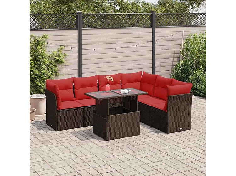 Salon de jardin avec coussins 7 pcs gris résine tressée acacia