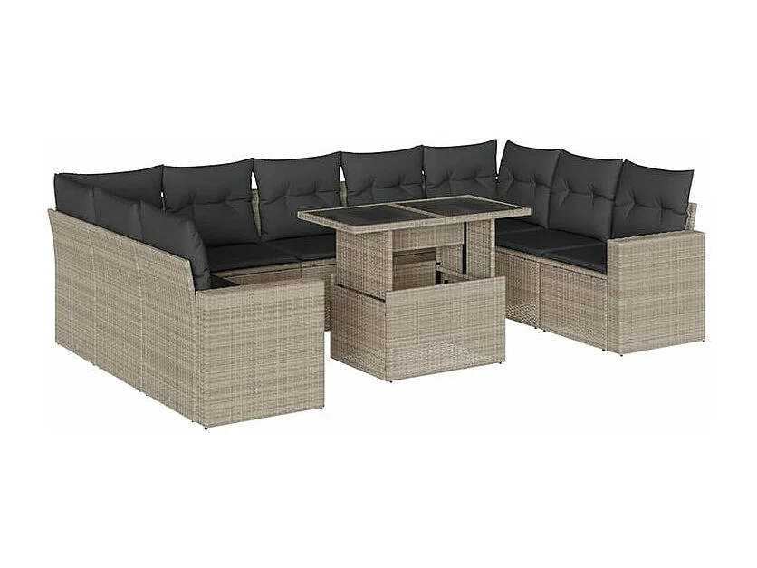 Salon de jardin avec coussins 10 pcs gris clair résine tressée