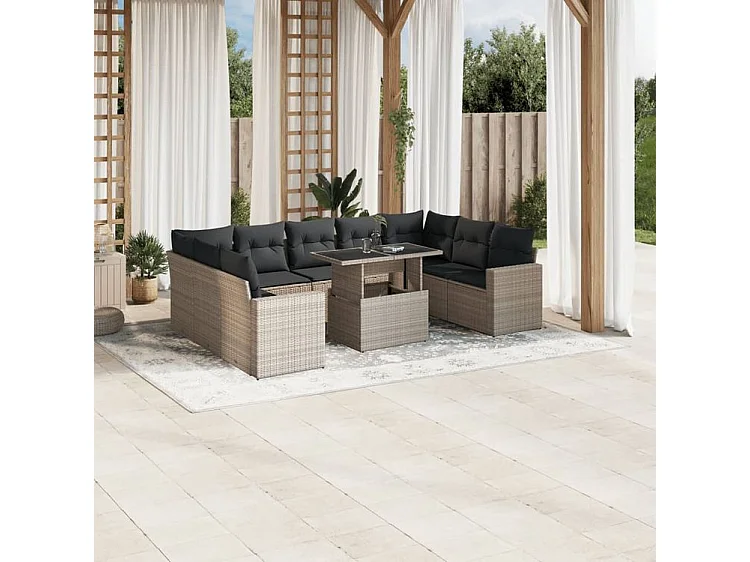 Salon de jardin avec coussins 10 pcs gris clair résine tressée