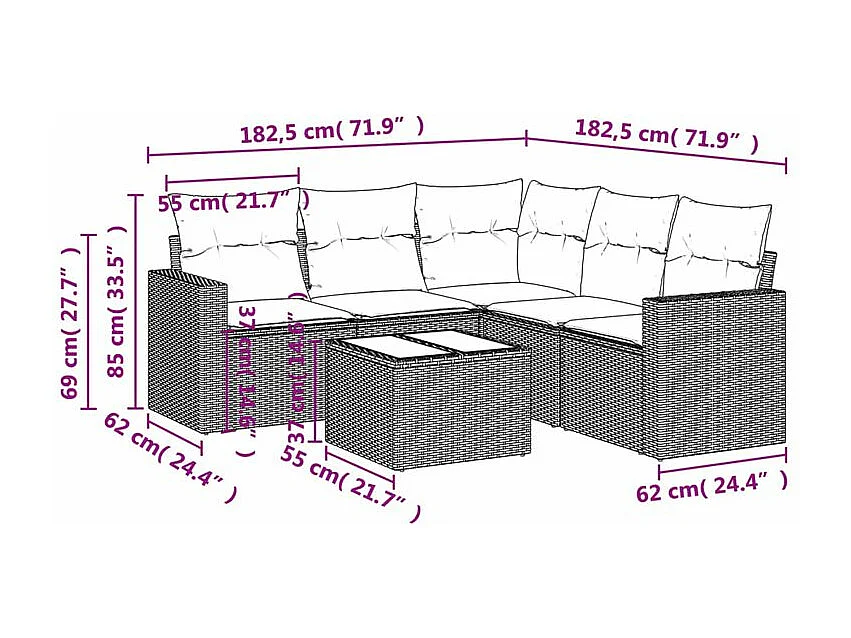 Salon de jardin 6 pcs avec coussins gris clair résine tressée