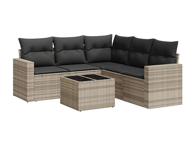 Salon de jardin 6 pcs avec coussins gris clair résine tressée