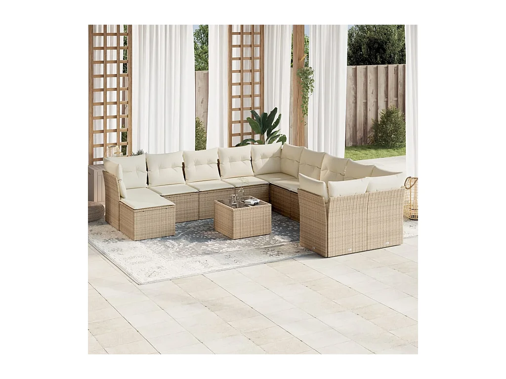 Salon de jardin avec coussins 12 pcs beige résine tressée