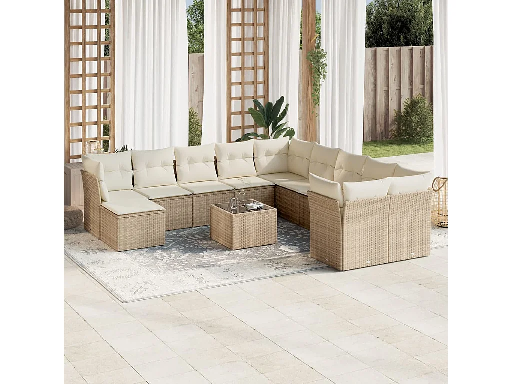 Salon de jardin avec coussins 12 pcs beige résine tressée