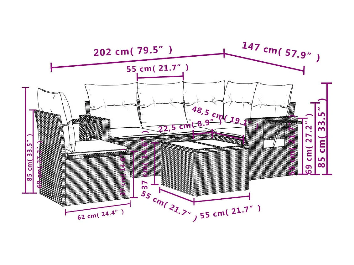 Salon de jardin avec coussins 6 pcs beige résine tressée
