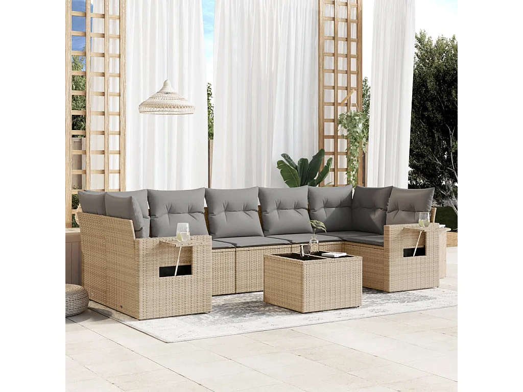Salon de jardin avec coussins 8 pcs beige résine tressée