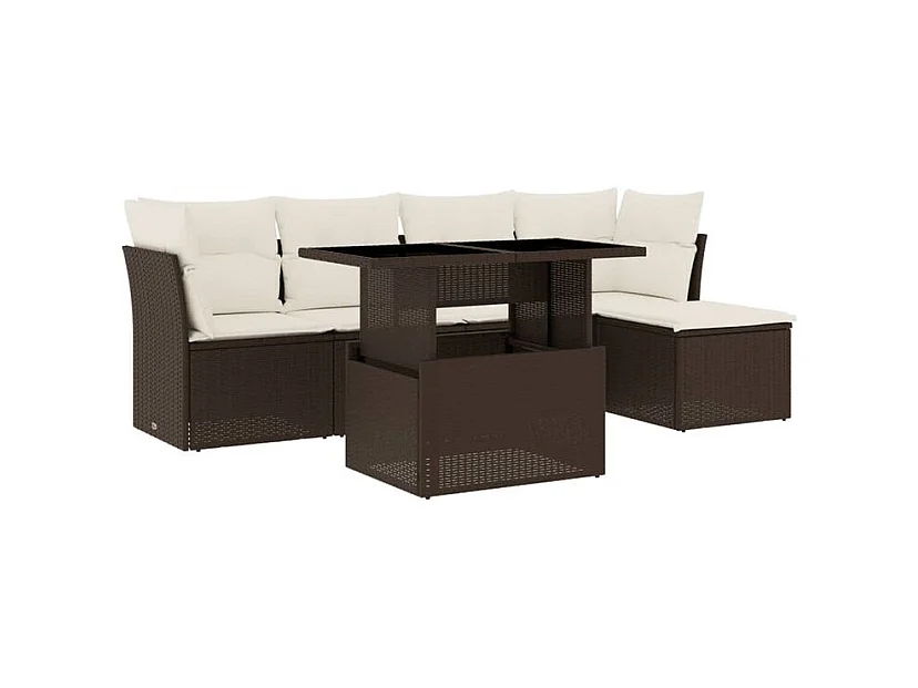 Salon de jardin avec coussins 6 pcs marron résine tressée