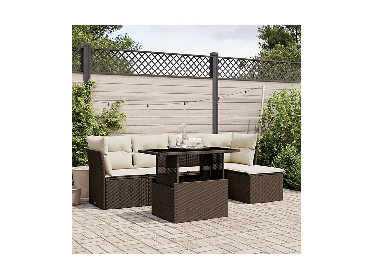 Salon de jardin avec coussins 6 pcs marron résine tressée