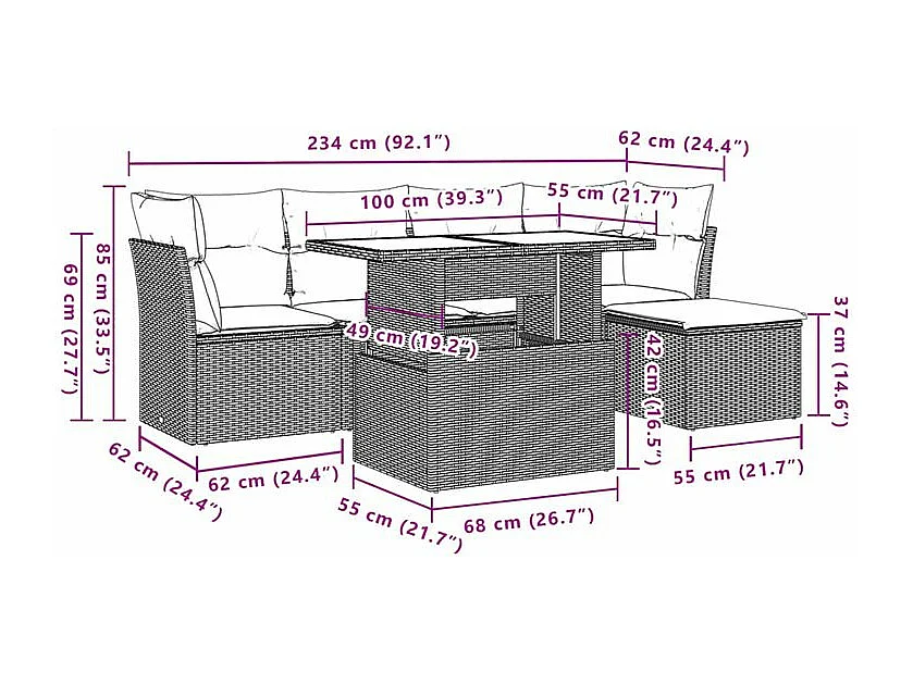 Salon de jardin avec coussins 6 pcs marron résine tressée