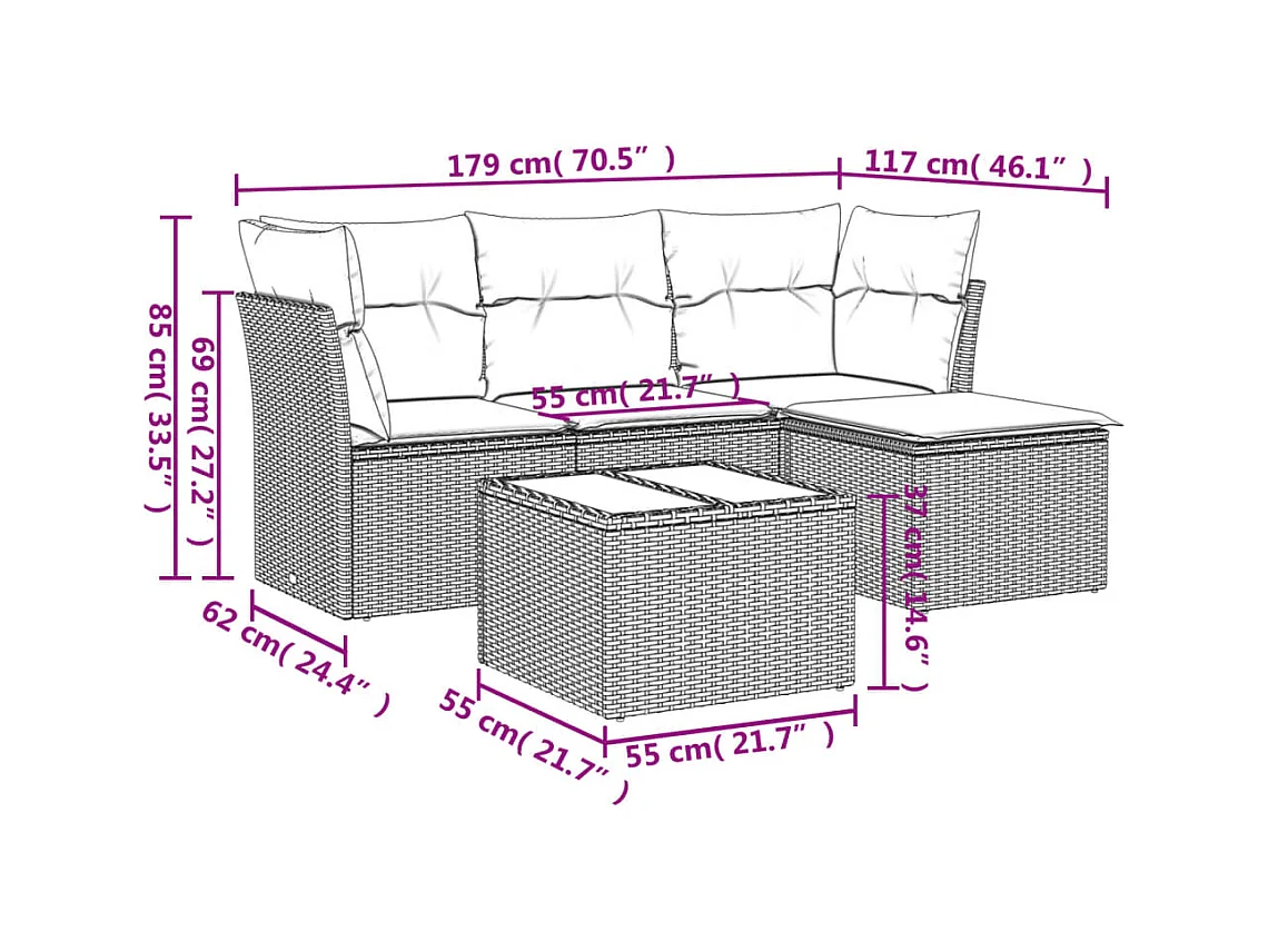 Salon de jardin avec coussins 5 pcs beige résine tressée