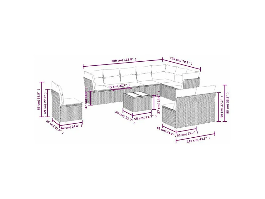 Salon de jardin et coussins 11 pcs marron résine tressée