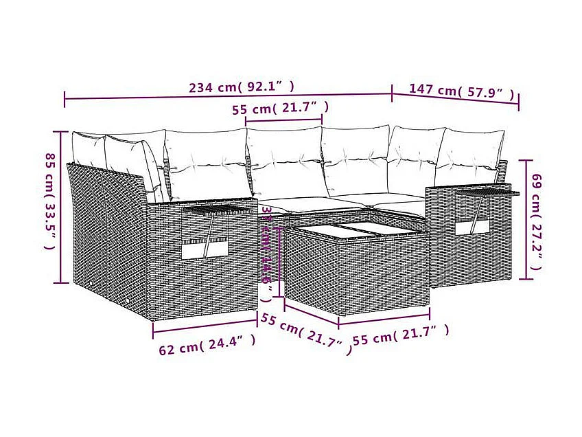 Salon de jardin avec coussins 7 pcs gris clair résine tressée