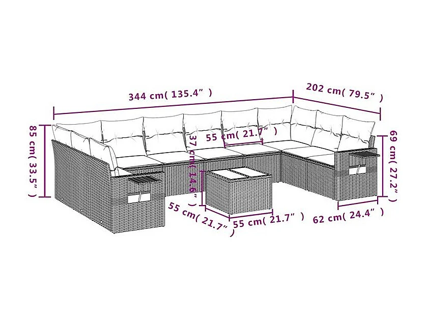 Salon de jardin 11 pcs avec coussins gris clair résine tressée