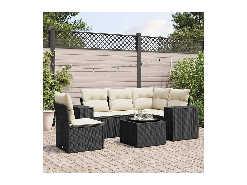 Salon de jardin 6 pcs avec coussins noir résine tressée
