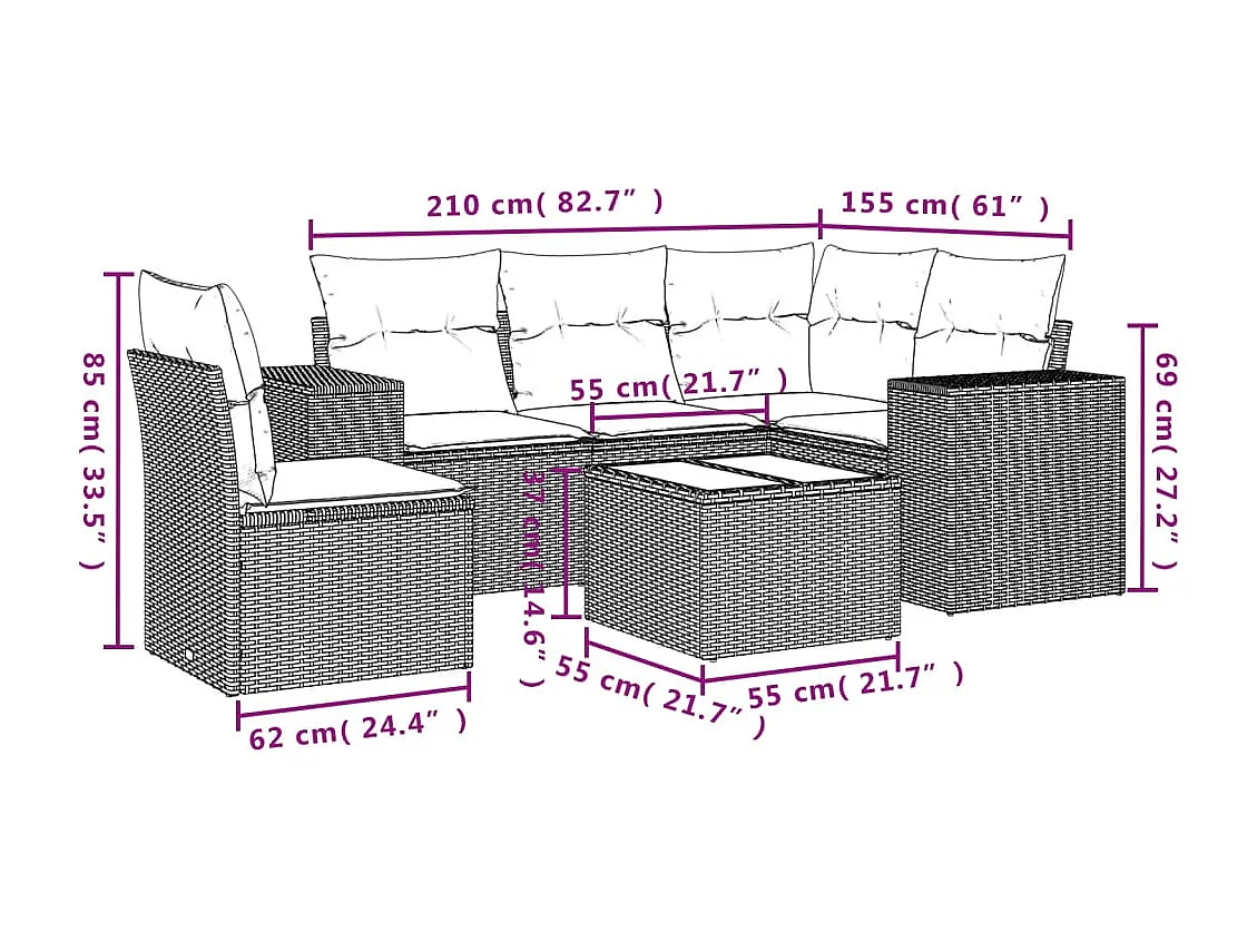 Salon de jardin 6 pcs avec coussins noir résine tressée