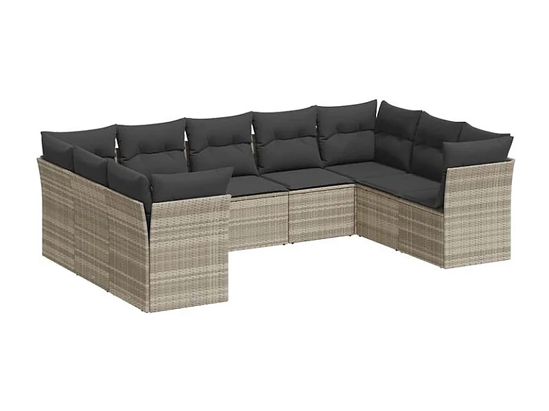 Salon de jardin 9 pcs avec coussins gris clair résine tressée