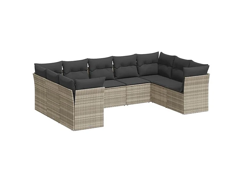 Salon de jardin 9 pcs avec coussins gris clair résine tressée