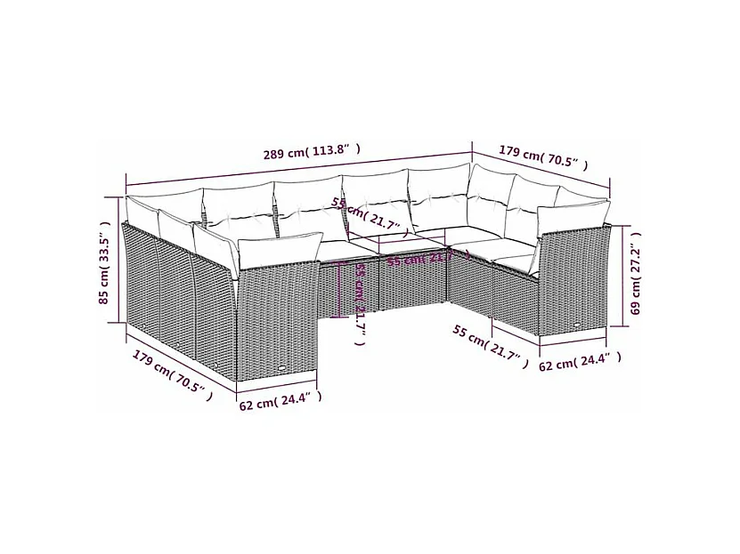 Salon de jardin 9 pcs avec coussins gris clair résine tressée