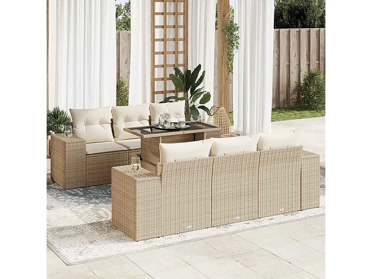 Salon de jardin avec coussins 7 pcs beige résine tressée