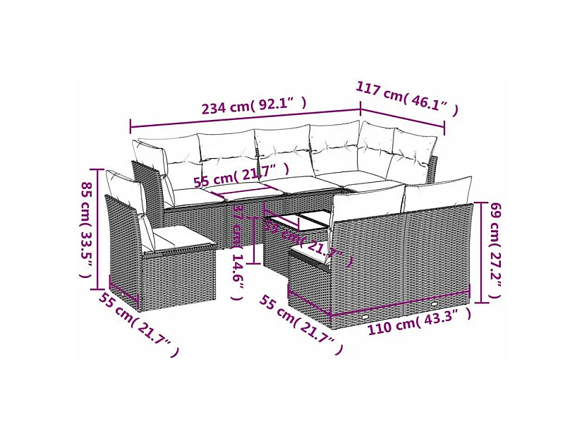 Salon de jardin avec coussins 9 pcs marron résine tressée