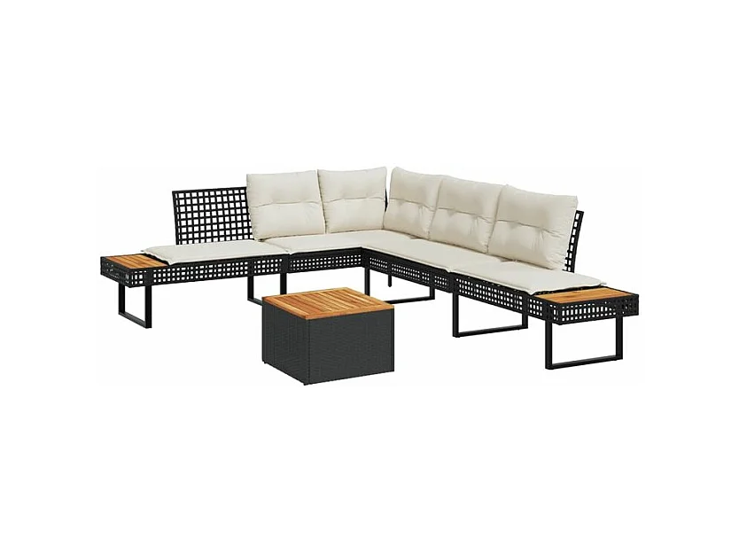 Salon de jardin avec coussins 2 pcs noir résine tressée acacia