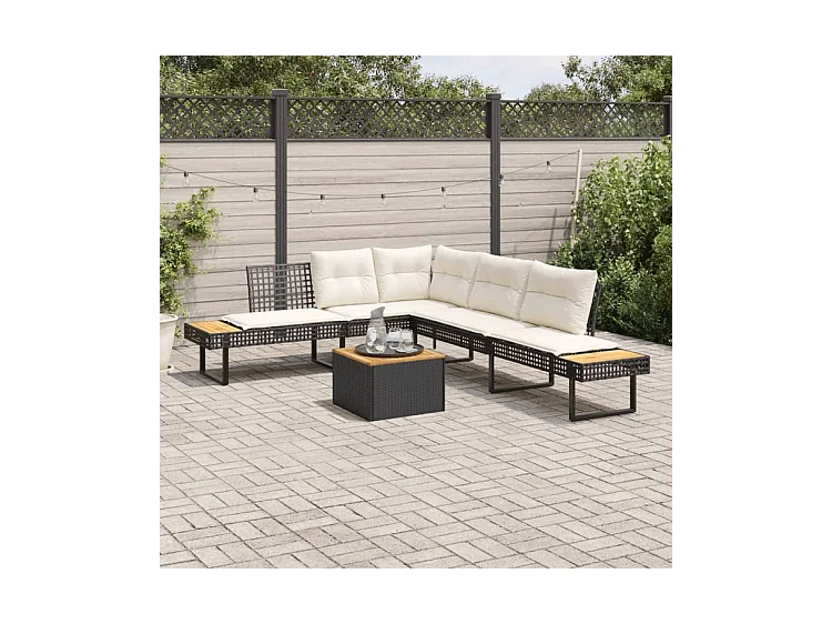 Salon de jardin avec coussins 2 pcs noir résine tressée acacia