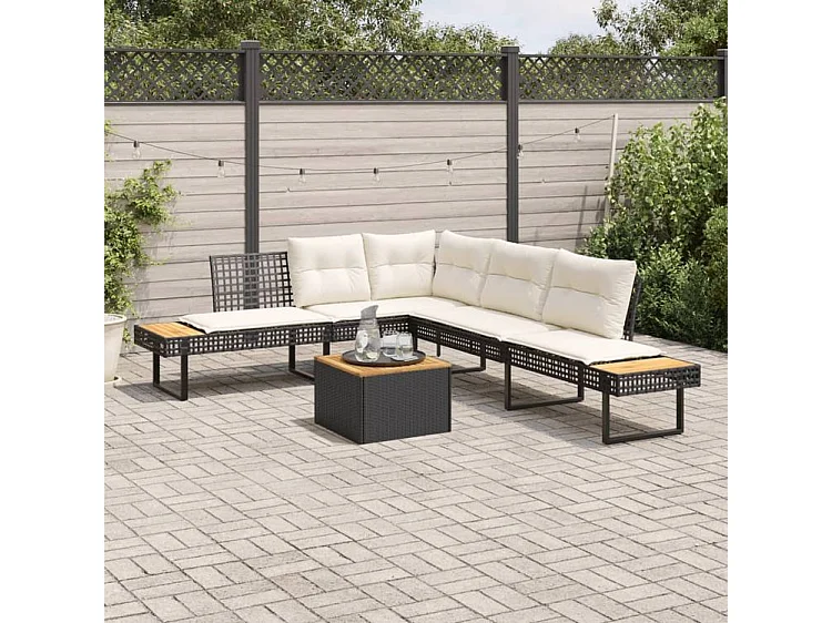 Salon de jardin avec coussins 2 pcs noir résine tressée acacia