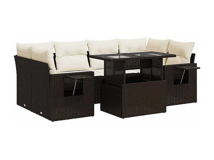Salon de jardin avec coussins 7 pcs marron résine tressée