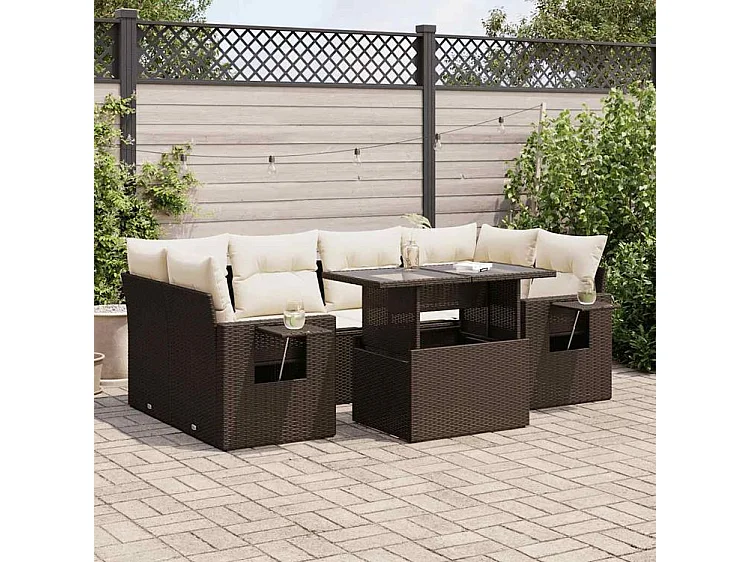 Salon de jardin avec coussins 7 pcs marron résine tressée