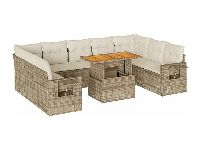 Salon de jardin avec coussins 10 pcs beige résine tressée