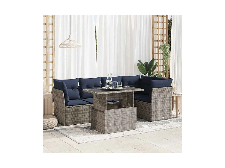 Salon de jardin avec coussins 6 pcs gris résine tressée acacia