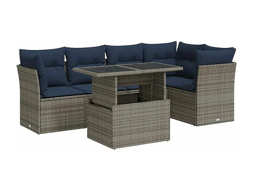 Salon de jardin avec coussins 6 pcs gris résine tressée acacia