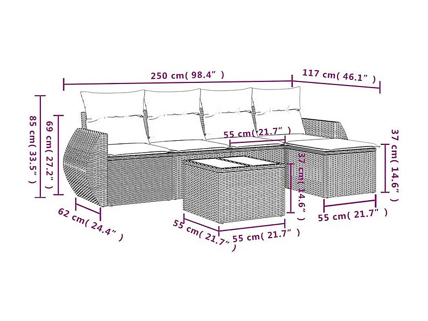 Salon de jardin avec coussins 6 pcs marron résine tressée