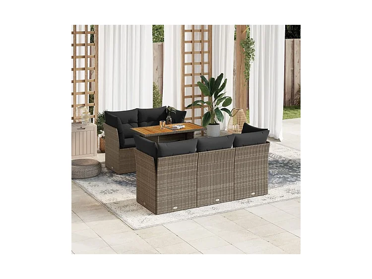 Salon de jardin 6 pcs avec coussins gris résine tressée