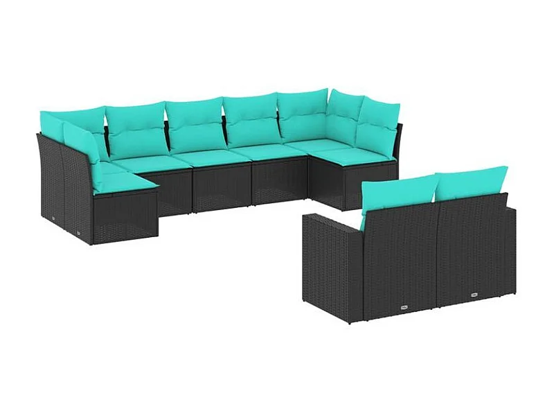 Salon de jardin 9 pcs avec coussins noir résine tressée