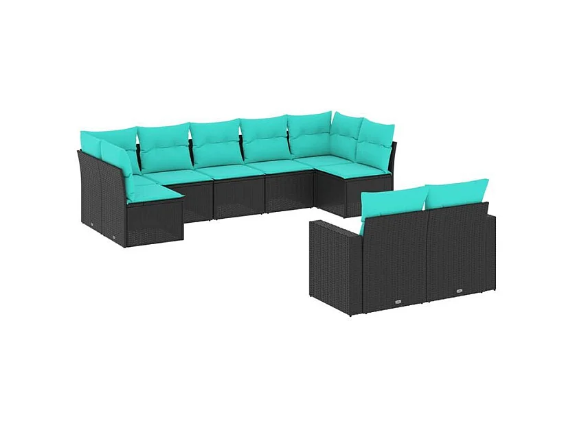 Salon de jardin 9 pcs avec coussins noir résine tressée