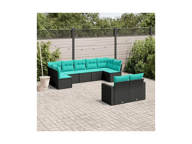 Salon de jardin 9 pcs avec coussins noir résine tressée